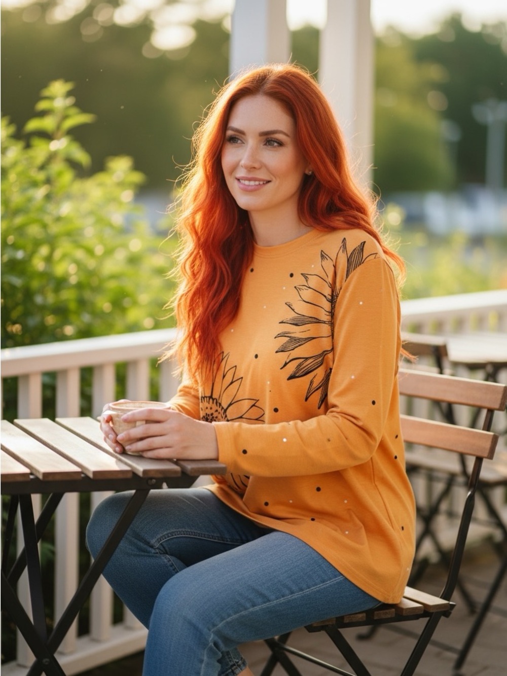 🫶🏻 Beautiful Sunflower-Print Mustard Long-Sleeve Top M/L (see measurements)